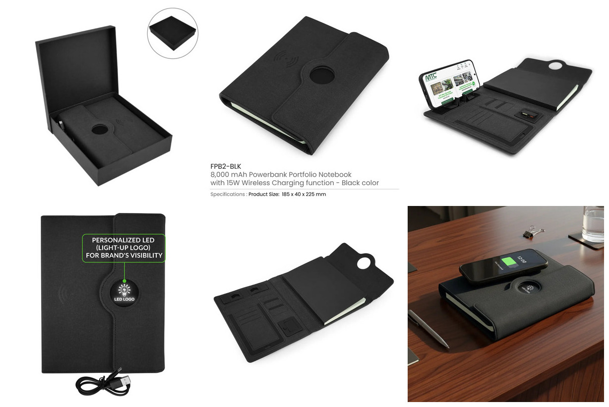 Powerbank Portfolio Notebook, 8000mAh, 15W Fast Wireless Charging